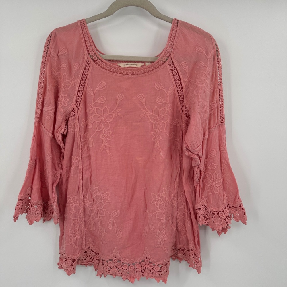 Soft Surroundings Embroidered Boho Blouse Coral Pink Lace Trim Bell Sleeve Med